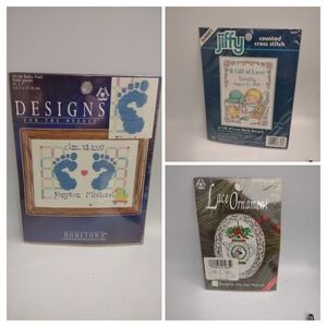 Vtg Lot Of 3 Cross Stitch Kits Baby Feet, Gift To Remember, Ornament  Various